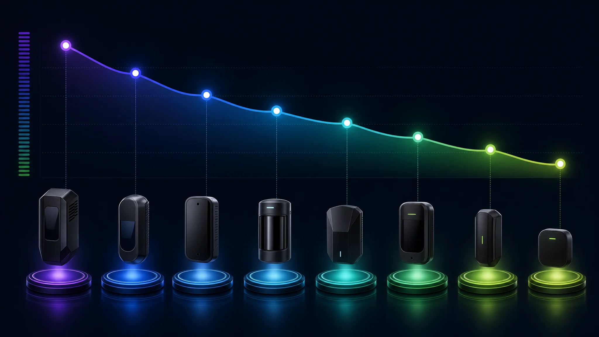 Bar chart comparing false positive rates across all eight RayHunter compatible devices with annotations for mitigation configuration strategies