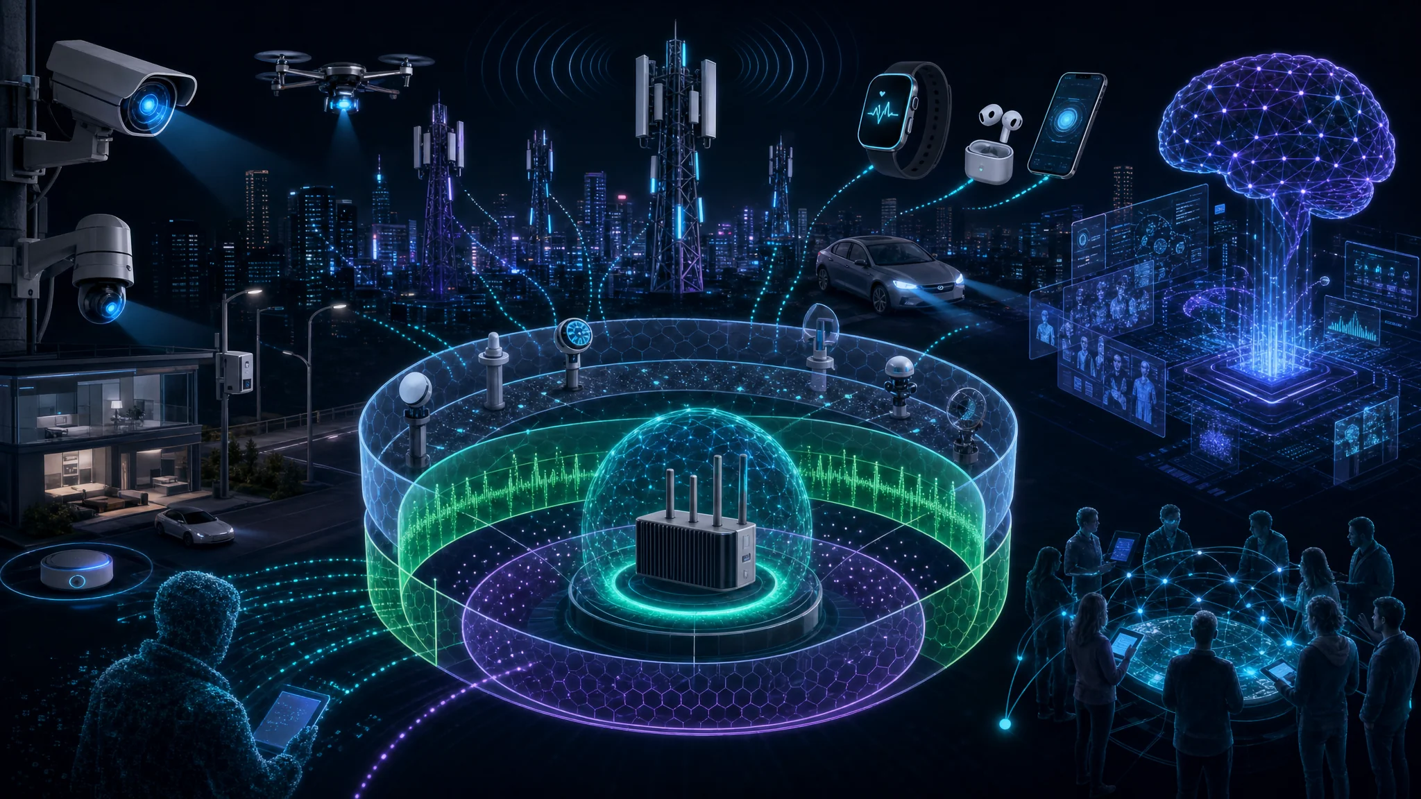Conceptual illustration of evolving cellular surveillance threats including 5G towers AI systems and IoT devices alongside RayHunter countermeasure strategies