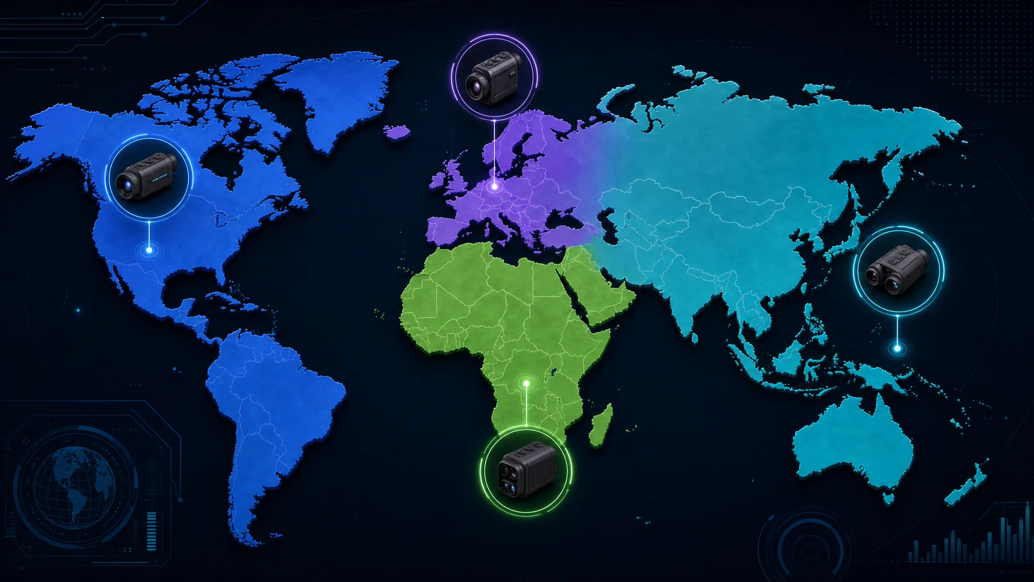 World map highlighting Americas Europe Africa and Asia-Pacific regions with recommended RayHunter devices annotated for each area