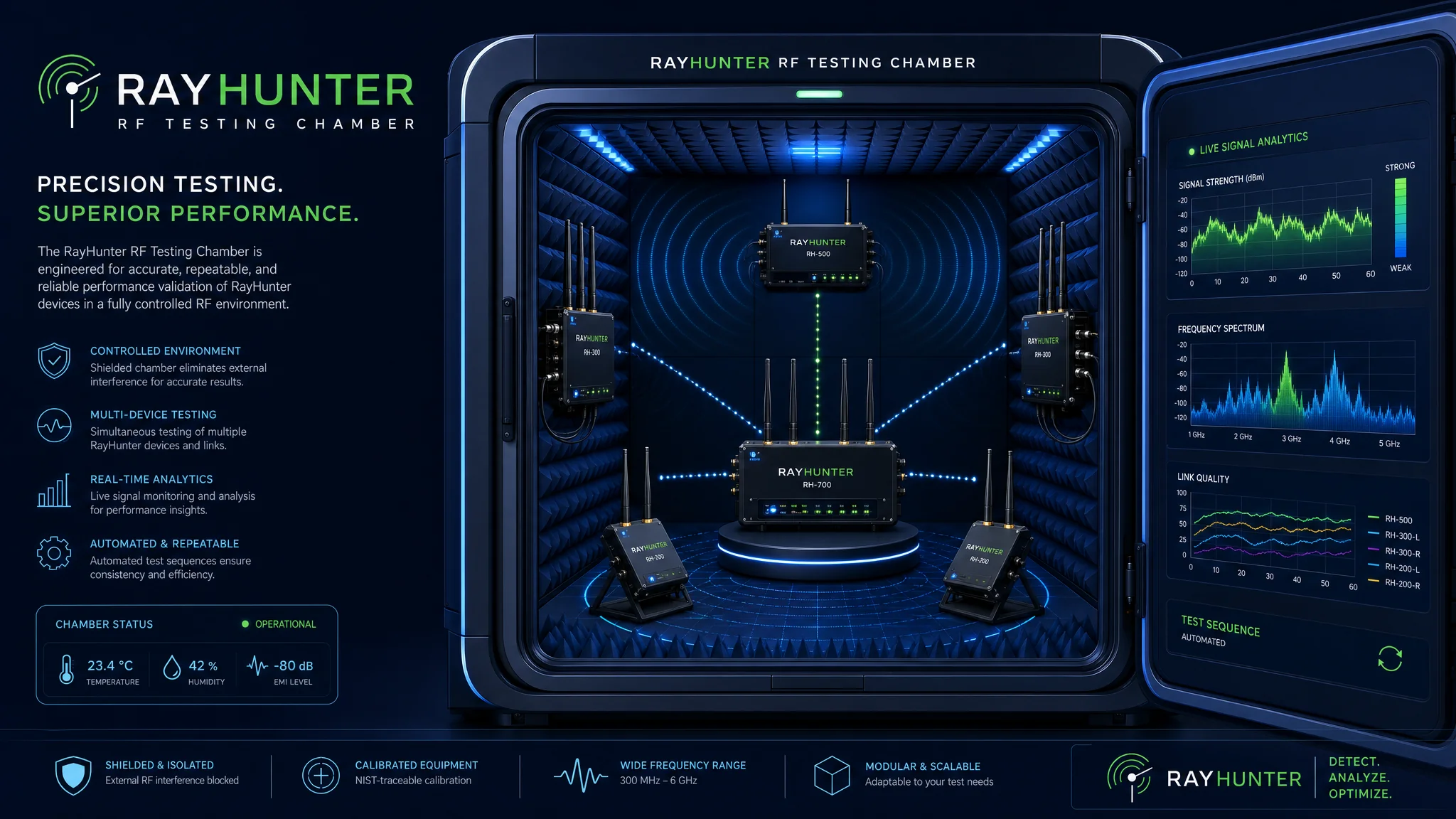 Calibrated RF testing chamber with multiple RayHunter devices undergoing standardized urban suburban and rural detection scenario evaluations
