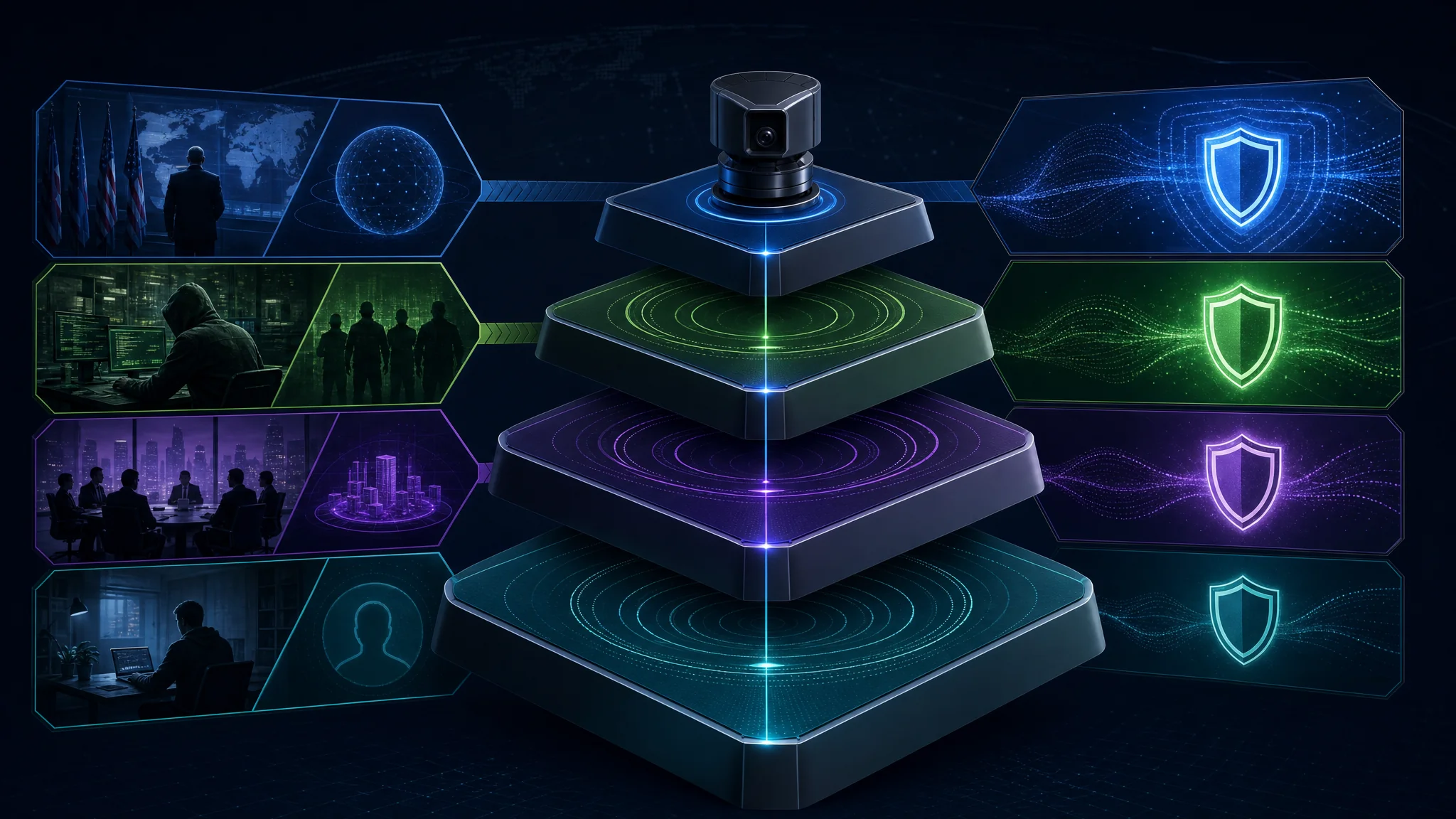 Diagram showing a tiered risk assessment framework for RayHunter deployment, mapping nation-state, criminal, corporate, and individual threat actors against detection sensitivity requirements