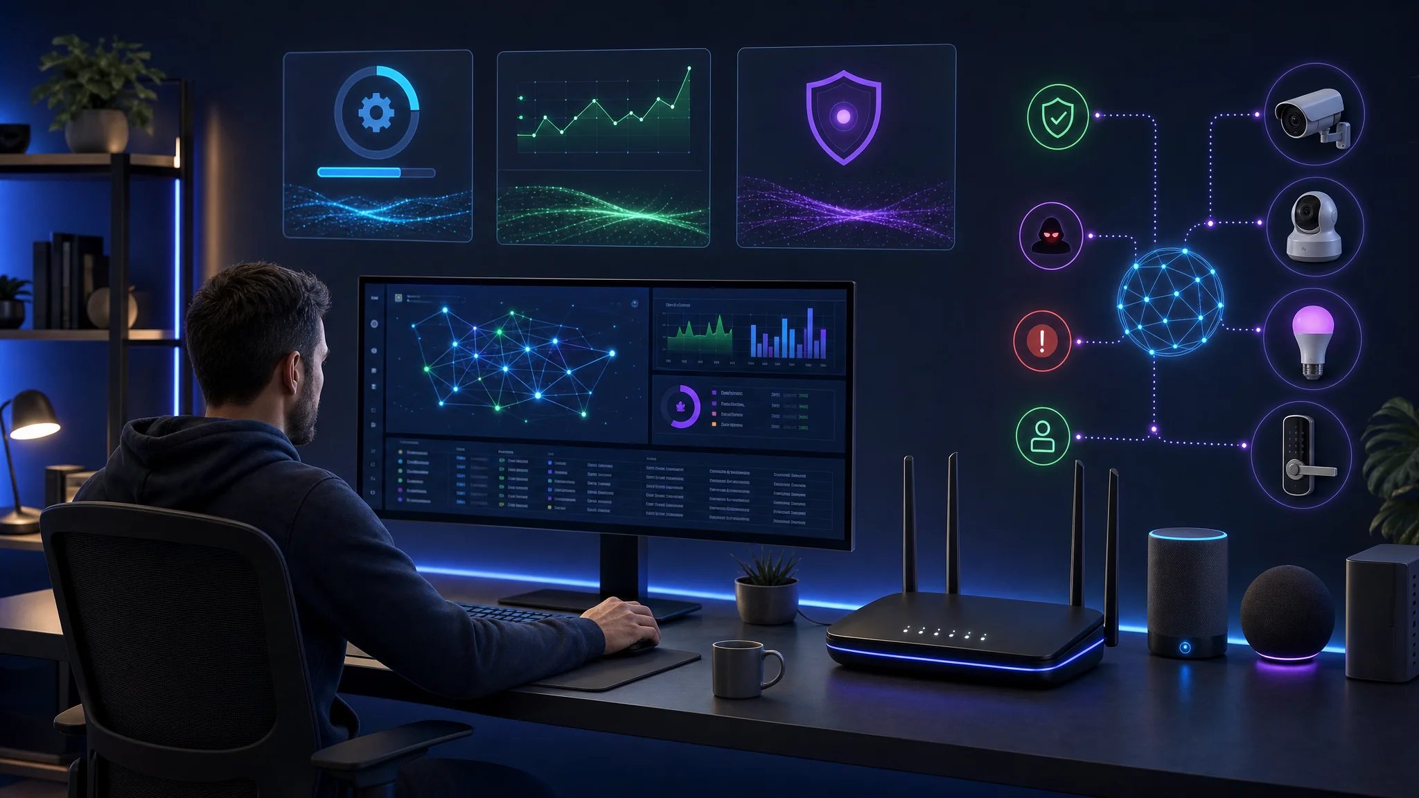 Checklist diagram showing ongoing home network security maintenance tasks: firmware updates, network log monitoring, connected device review, and unauthorized access detection