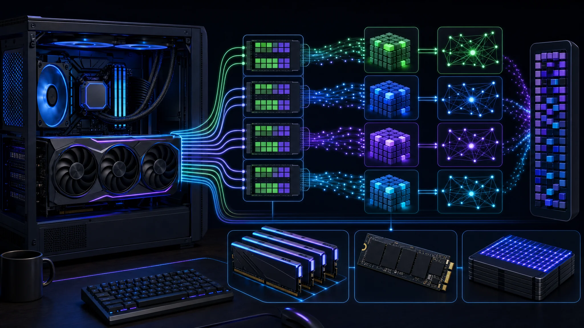 Illustration of a local workstation distributing model execution across a graphics card, system memory, and solid-state storage