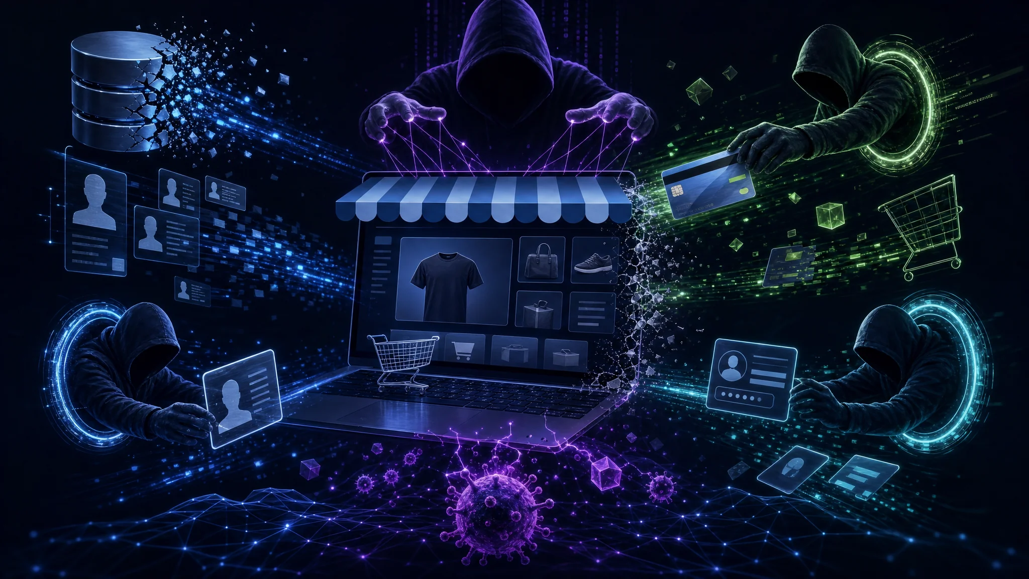 Diagram showing common e-commerce security threats including data breaches, payment fraud, and credential theft targeting online stores