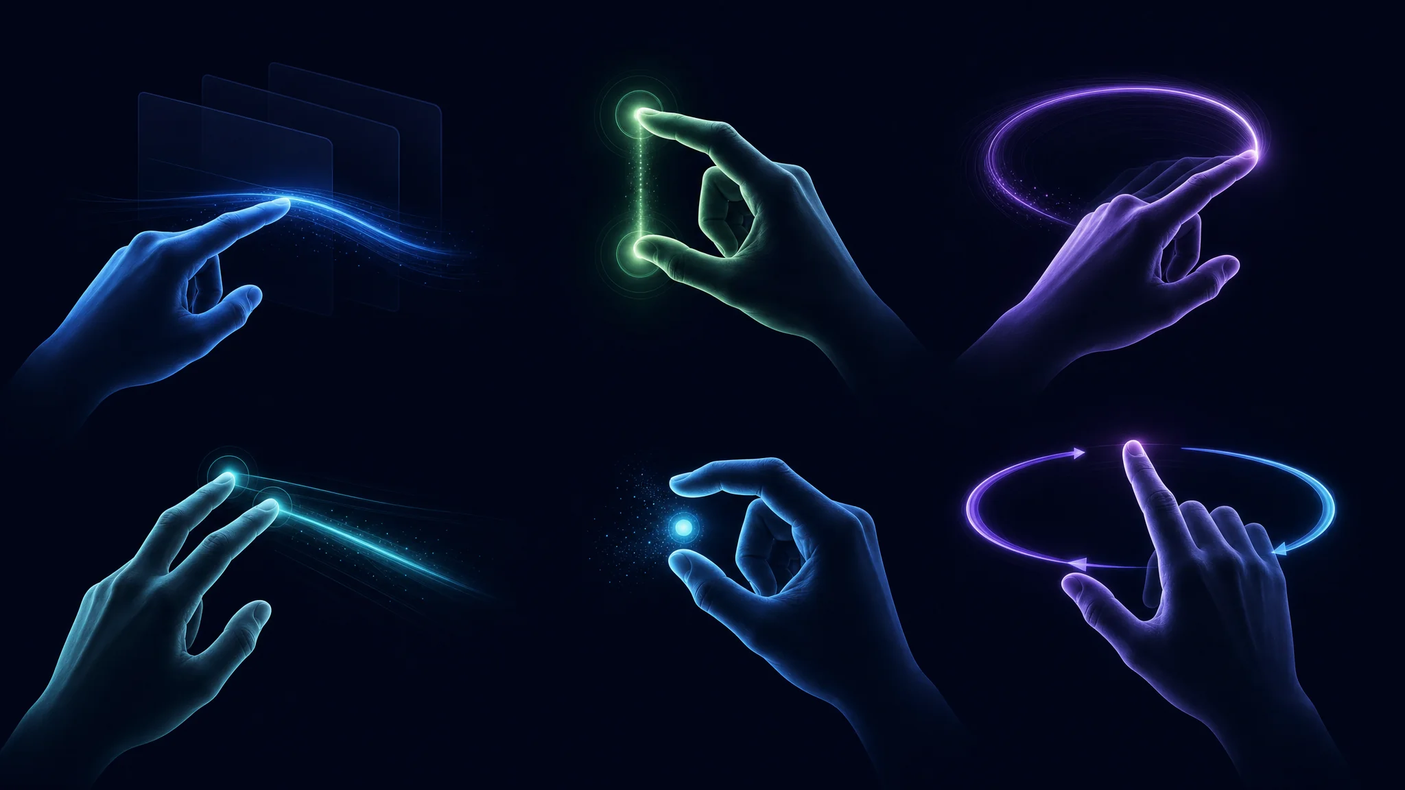 Diagram showing gesture control input methods such as swiping, pinching, and rotating hand motions used to interact with devices without physical buttons