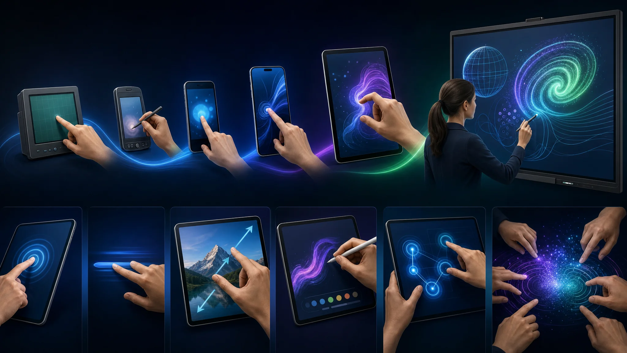 Diagram showing touchscreen input methods including finger gestures, stylus input, and multi-touch gestures across smartphones, tablets, and interactive whiteboards