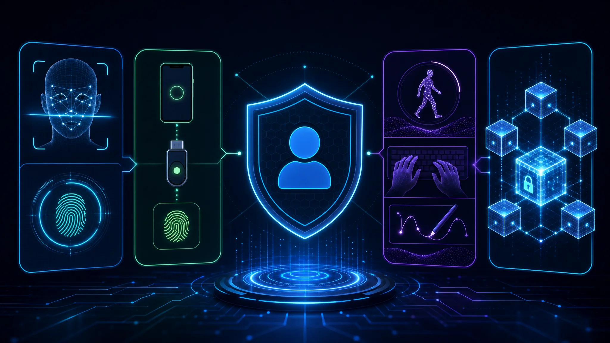 Diagram showing post-password authentication methods including biometric authentication, multi-factor authentication, behavioral biometrics, and blockchain-based credential storage