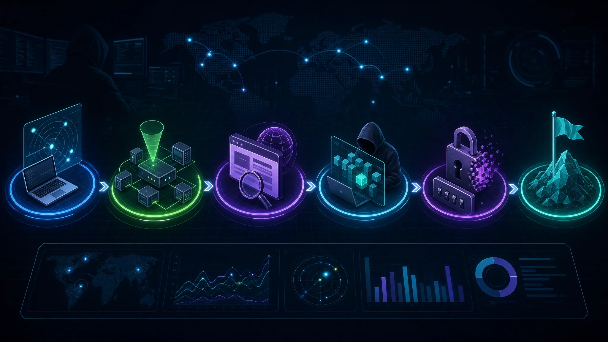 Diagram showing a penetration testing workflow that simulates real-world attacks to identify vulnerabilities before malicious actors exploit them