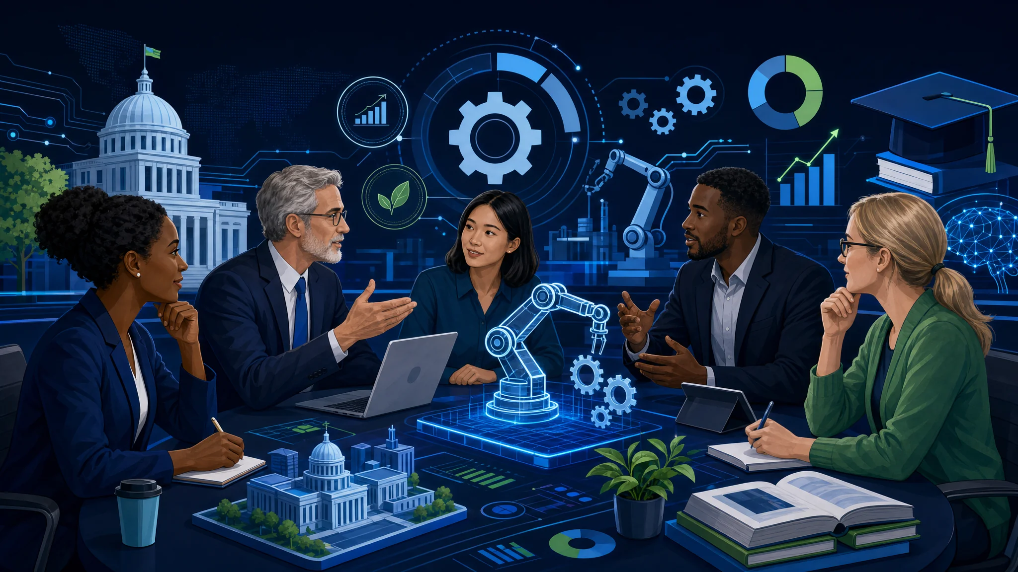 Diagram showing the ethical considerations of automation technology: employment displacement, privacy and data security, and the digital divide
