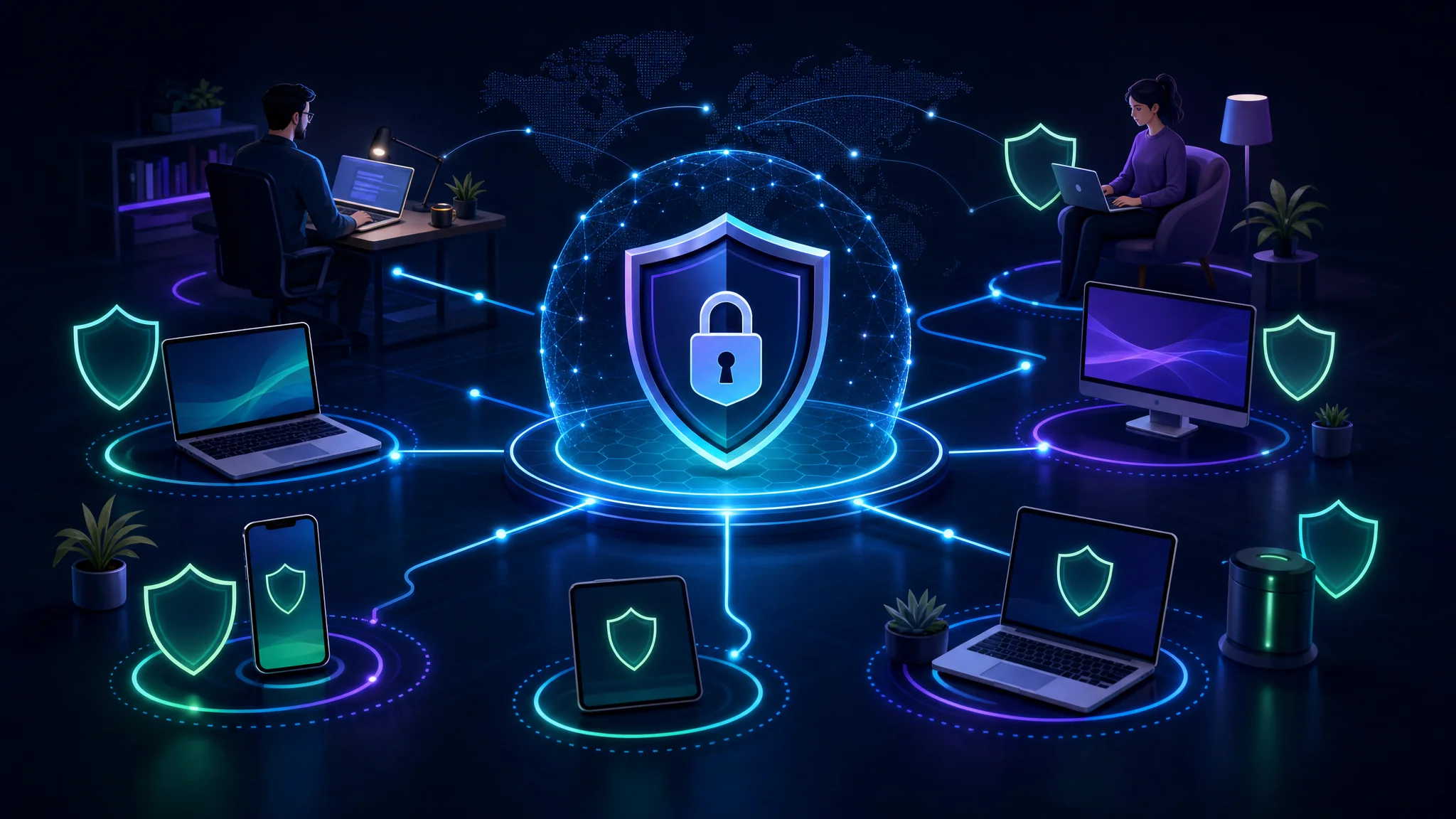 Diagram showing endpoint security protecting remote team laptops, smartphones, and other devices from unauthorized access and data breaches