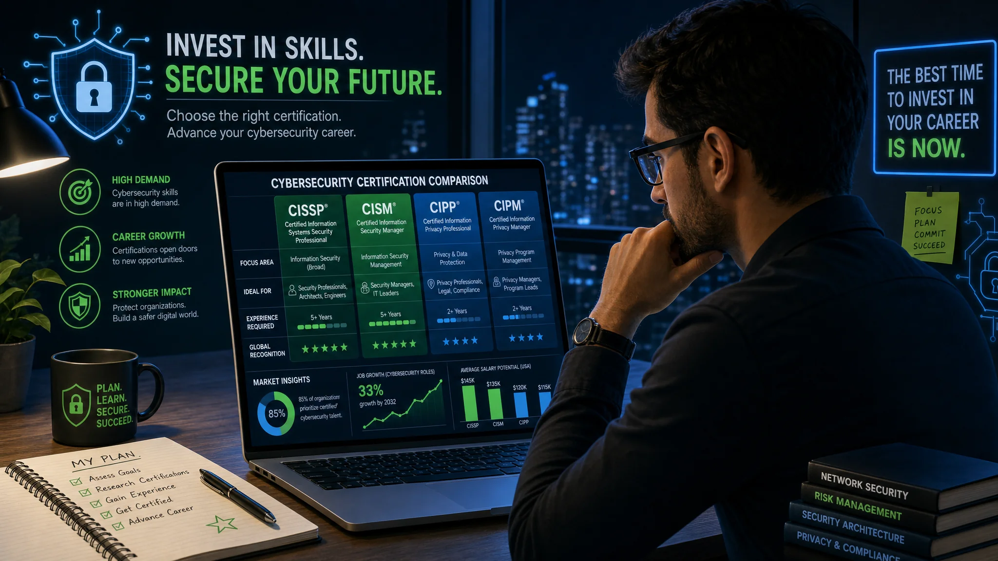 Business professional reviewing cybersecurity certification options including CISSP, CISM, CIPP and CIPM to advance career