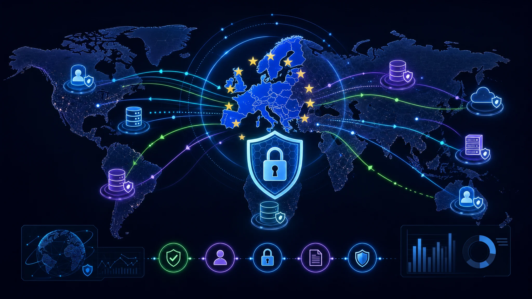 Diagram showing the scope of GDPR data protection covering EU residents and its extraterritorial reach to non-EU businesses that process their personal data