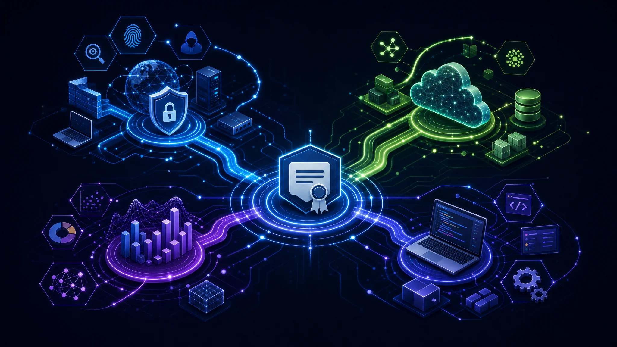 Diagram showing specialization tracks available through IT certification updates across network security, cloud computing, data science, and software development domains