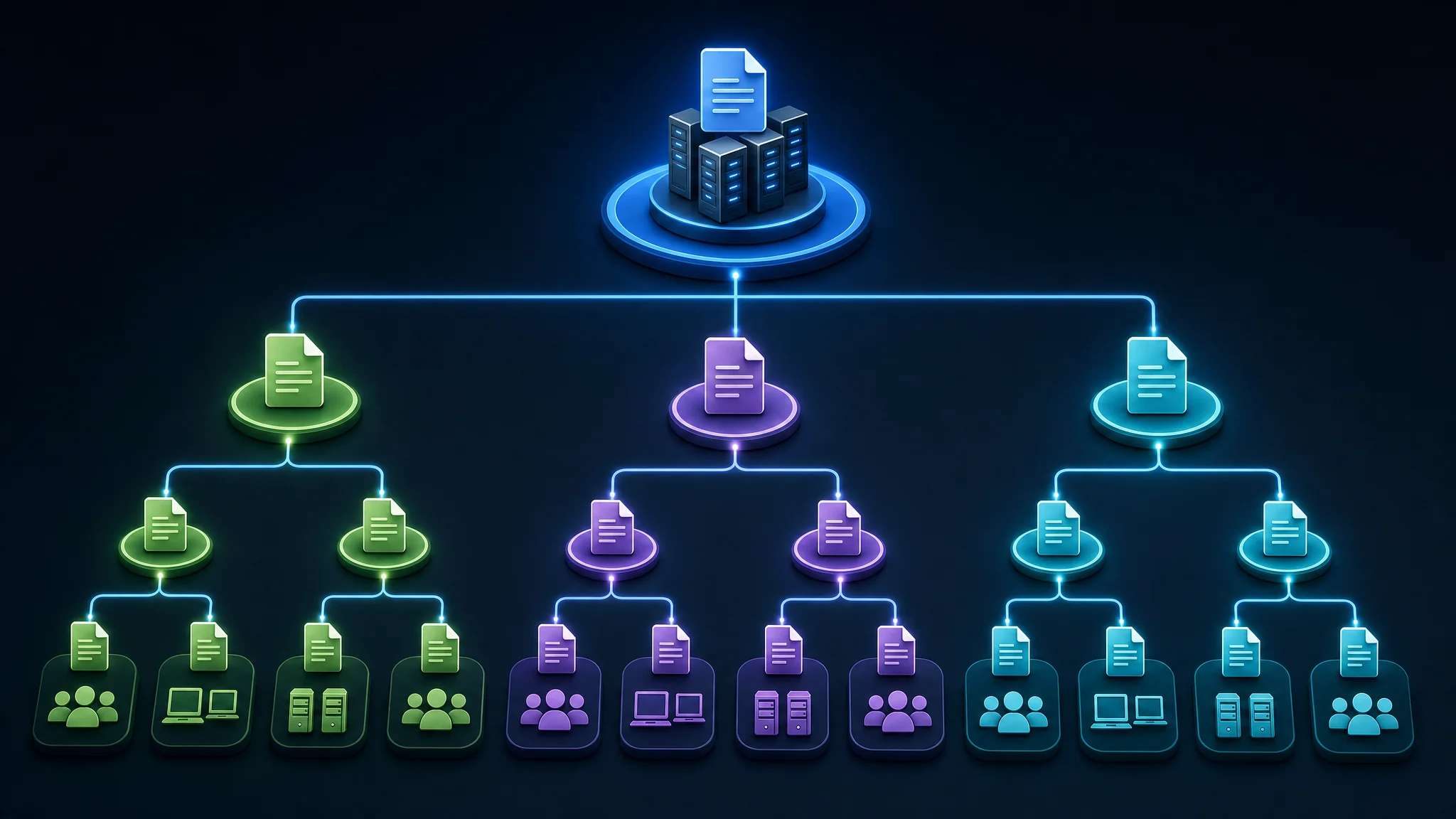 Diagram showing GPO hierarchy and inheritance within an Active Directory domain, from domain-level GPOs down to organizational unit GPOs
