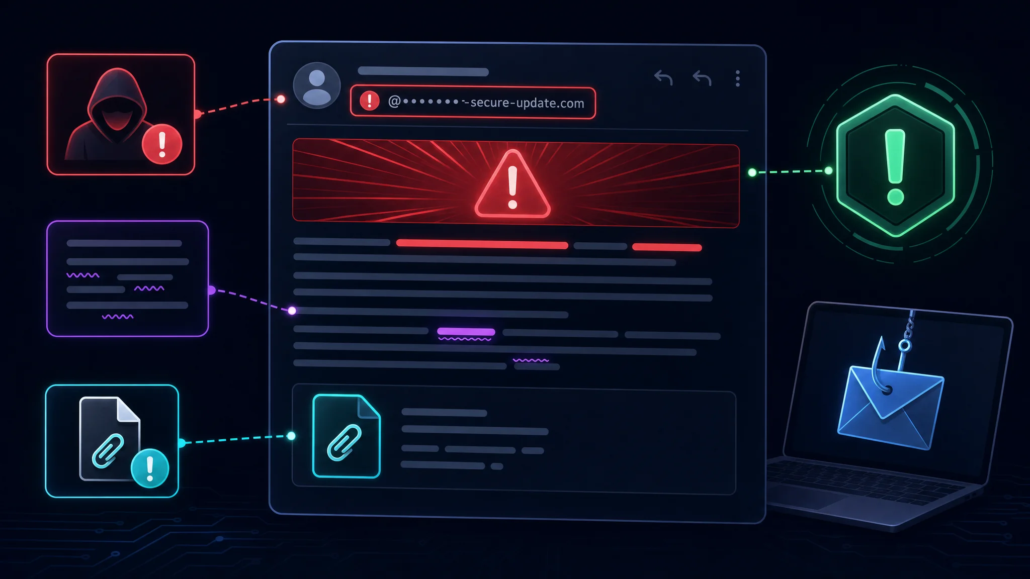 Diagram highlighting common phishing email red flags including suspicious sender addresses, urgent language, spelling mistakes, and unexpected attachments