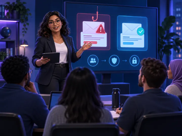 Illustration of a security awareness lead at work, representing the video's ENFJ pairing