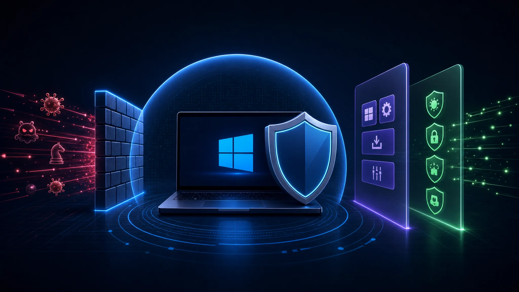Diagram showing Windows 10 firewall rules, AppLocker application control policies, and attack surface reduction working together to block unauthorized access