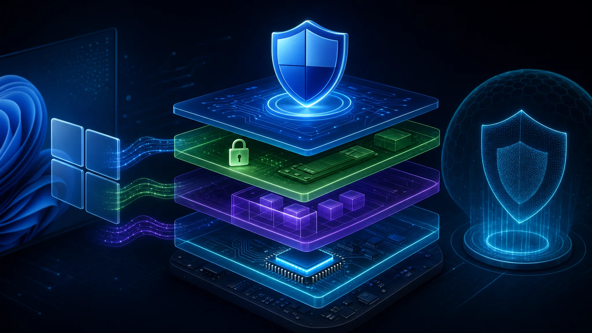 Diagram showing the Windows 11 security stack including Secure Boot, TPM hardware protection, Microsoft Defender Antivirus, and Virtualization-based Security layers