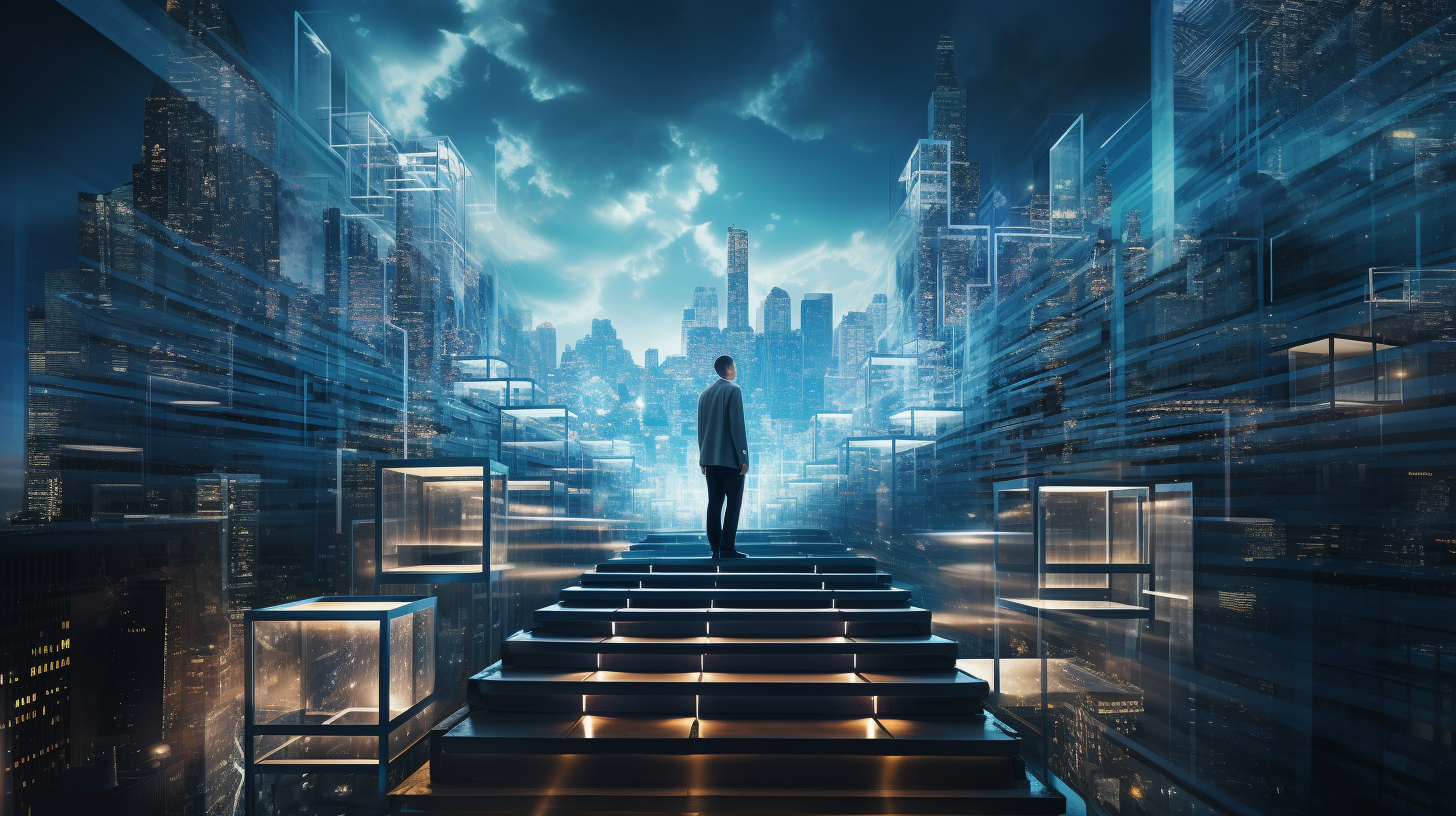 An image with a futuristic, cyber-themed cityscape. It depicts a professional ascending a virtual staircase, symbolizing career growth. In the cityscape, there are holographic certifications, skills, and regulations floating in the digital atmosphere.
