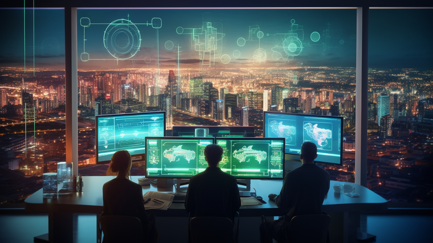 An image of a cybersecurity team working together in a high-tech, futuristic command center. The team is diverse and engaged, with digital screens displaying security analytics and charts. The background shows a cityscape protected by a digital shield, symbolizing the team's protective role.