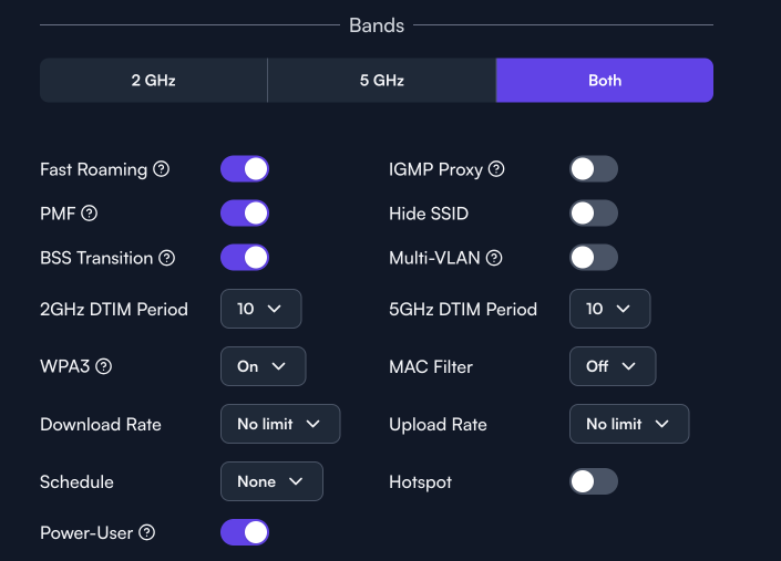 A screenshot of the recommended alta labs configuration for Bands