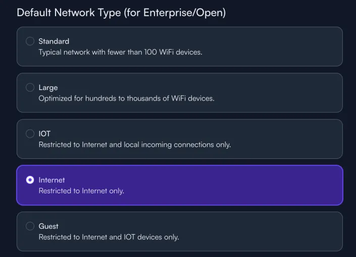 A screenshot of the recommended alta labs configuration for Default Network Type