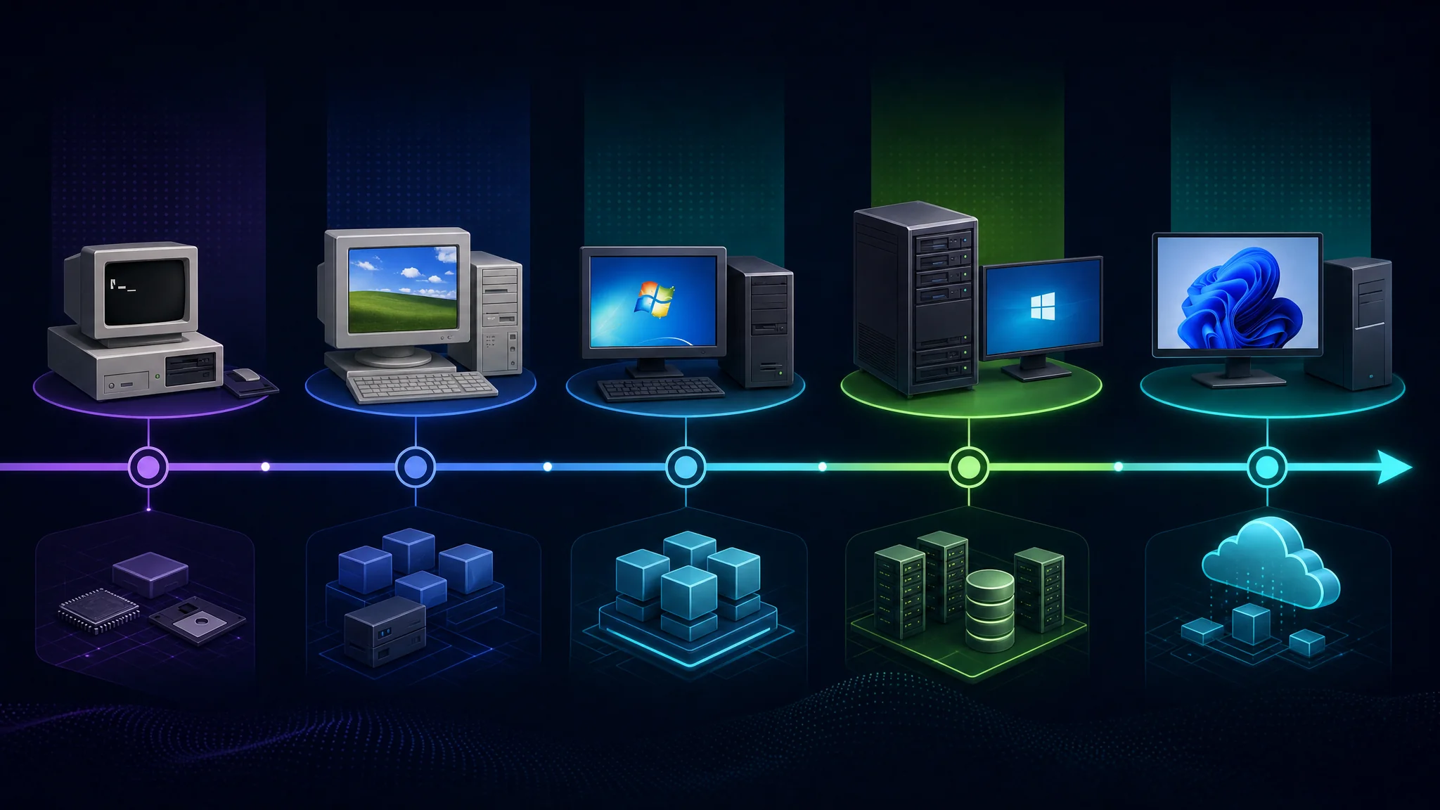 Timeline diagram showing VMware vSphere guest_os_type values ranging from legacy MS-DOS and Windows XP guests through Windows Server and Windows 10/11 guests