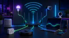 An illustration of a modern home network setup, featuring a sleek router, smart IoT devices, and a laptop, all against a dark background with vibrant blue, green, and purple accents.