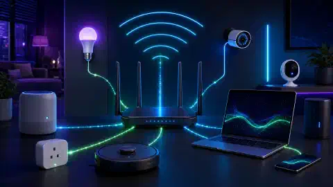 An illustration of a modern home network setup, featuring a sleek router, smart IoT devices, and a laptop, all against a dark background with vibrant blue, green, and purple accents.