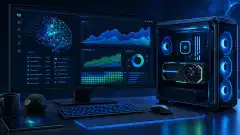An illustrated desktop GPU workstation with abstract charts and a neural network graphic on the monitor