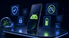A futuristic Android device on a sleek table, surrounded by floating icons symbolizing privacy and security, with a deep navy background and vibrant blue and green accents.