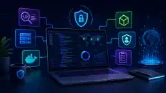 A futuristic workspace with a laptop displaying code and security analytics, surrounded by colorful icons representing cybersecurity tools, all set against a dark navy background.