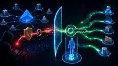 An abstract digital landscape depicting network security with interconnected nodes and stylized tokens on a dark background, showcasing themes of Active Directory and token-based activation.