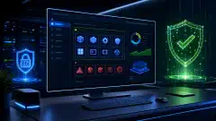 A digital illustration of a futuristic workspace with a computer display showing application control management, featuring glowing shapes representing authorized applications against a dark background.