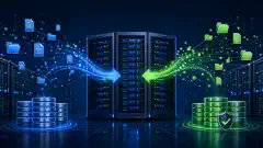 An illustration of a server room with servers and colorful data flow graphics, symbolizing XFS data management and recovery, set against a dark navy background.