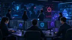 A cybersecurity lab with diverse professionals working at sleek workstations, surrounded by computer screens displaying code, cyber attack simulations, and vibrant holographic interfaces.