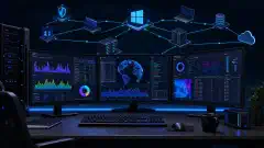 A digital illustration of a modern cybersecurity workstation with multiple monitors. The screens display colorful graphs and logs of system activity related to Sysmon and audit policies, set against a dark background.
