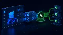 The image shows a stylized Windows interface with abstract blocks and modules representing Ansible automation, set against a dark background with vibrant blue and green accents.