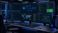 A modern workstation with multiple monitors displaying colorful code snippets and diagrams related to Powershell and Ansible, set against a dark background.