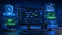 A digital illustration of a tech workspace with a computer screen showing a WDAC policy interface, surrounded by holographic security elements and gears, against a dark blue background.