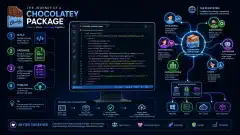 A digital illustration of a computer screen with code and icons representing software packages, surrounded by colorful lines symbolizing network connections, set against a dark background.