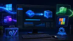 A digital workspace featuring a computer screen with a graphical interface of the DISM tool, surrounded by colorful abstract representations of Windows components, all set against a dark background.