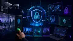 An illustration of a high-tech business security setup featuring surveillance cameras, biometric scanners, and digital interfaces, all against a dark background with vibrant colors.