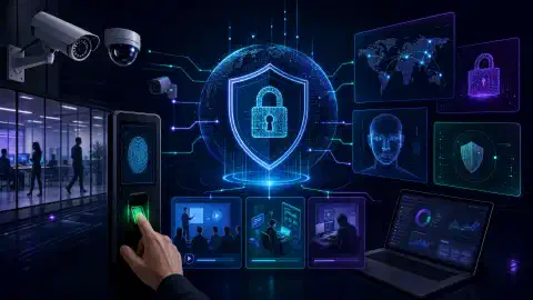 An illustration of a high-tech business security setup featuring surveillance cameras, biometric scanners, and digital interfaces, all against a dark background with vibrant colors.