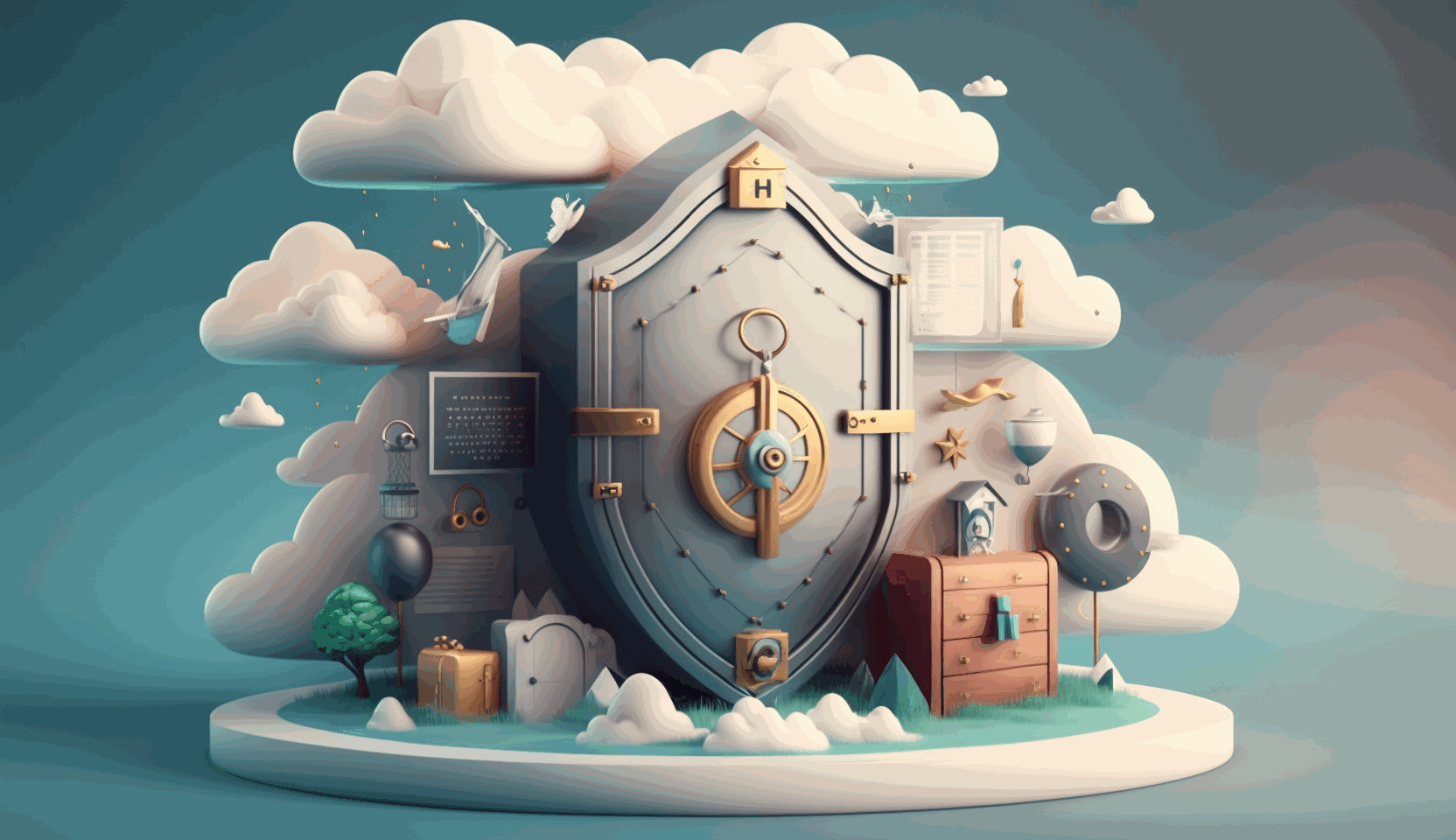 A 3D animated image of a secure vault in the clouds, with various regulatory icons (GDPR, HIPAA, FISMA) floating around it and a shield symbolizing data protection.