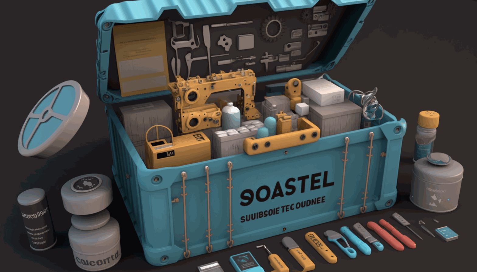 A 3D animated image of a secure, well-organized container with the Docker logo on it, surrounded by various tools and equipment related to software engineering and DevOps.