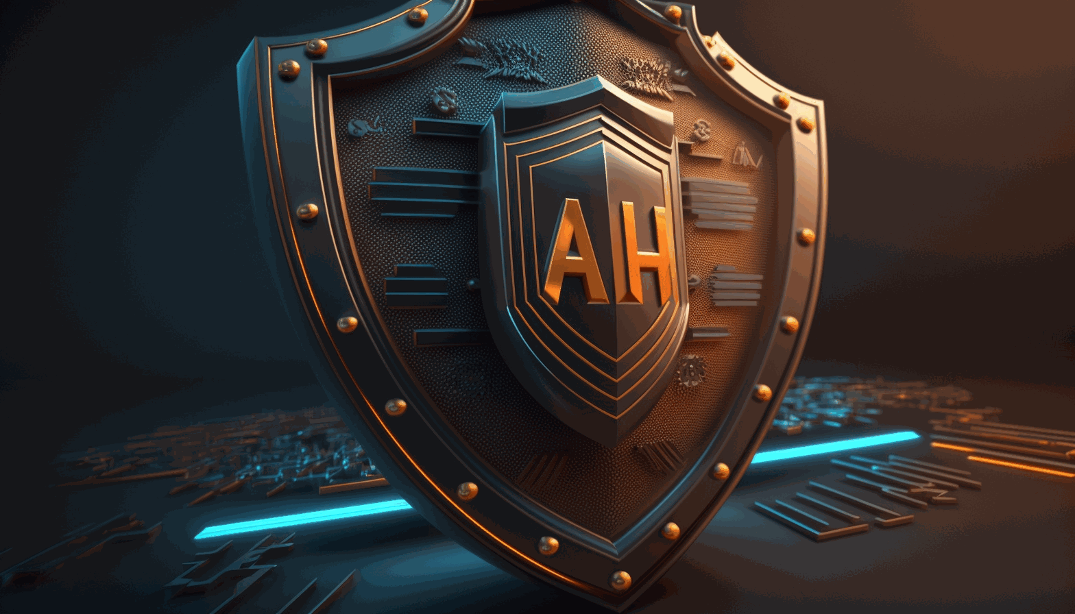 A 3D animated image of a shield with the letters AI on it, blocking incoming arrows symbolizing cyber threats.