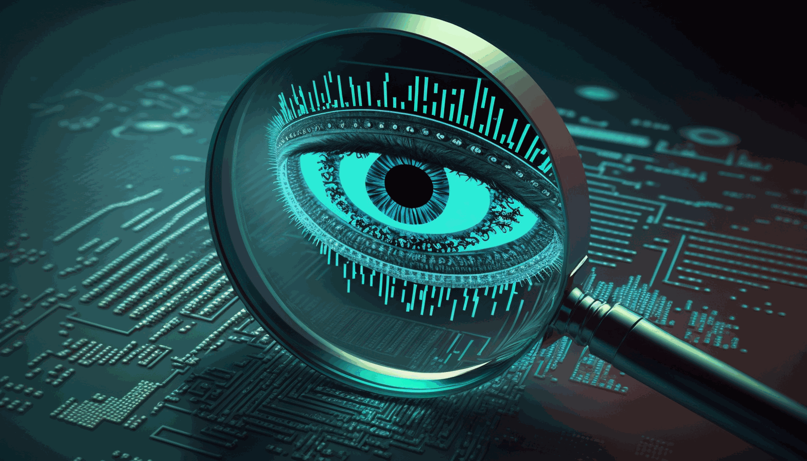 A 3D animated magnifying glass with an eye in the center, hovering over a binary code background.