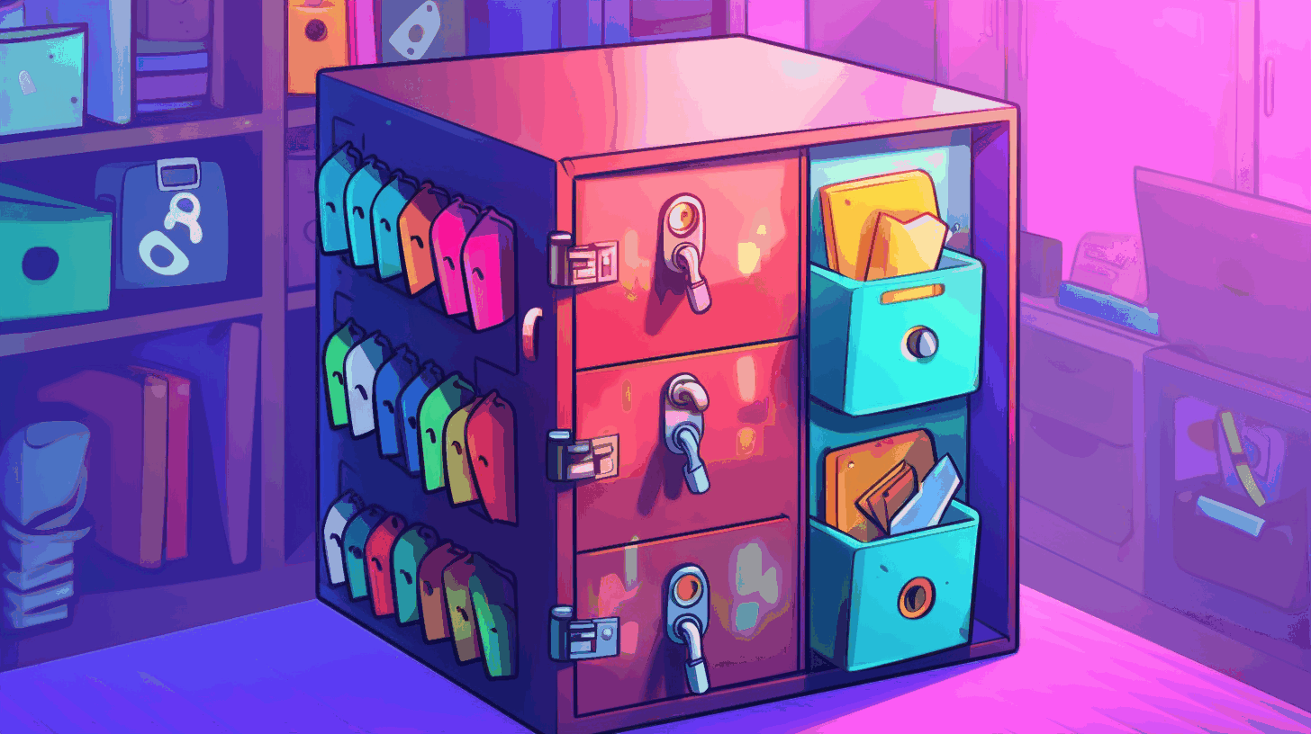 A cartoon-style image depicting a locked file cabinet with different keys representing user, group, and others permissions.
