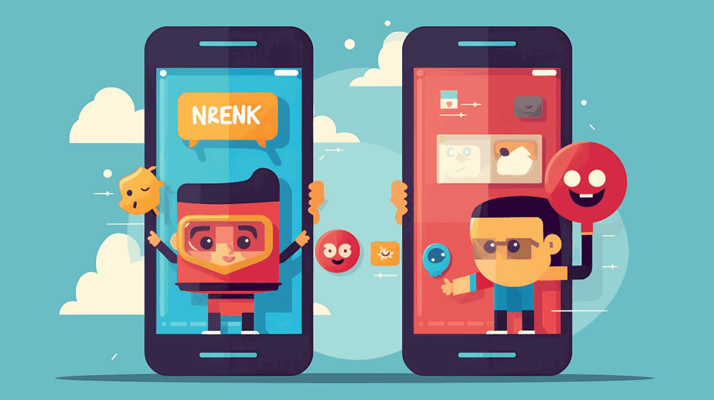 A cartoon-style image illustrating two mobile devices representing native and hybrid apps standing side by side, with a speech bubble showing a user interface element, symbolizing their respective strengths and differences in a friendly and engaging manner